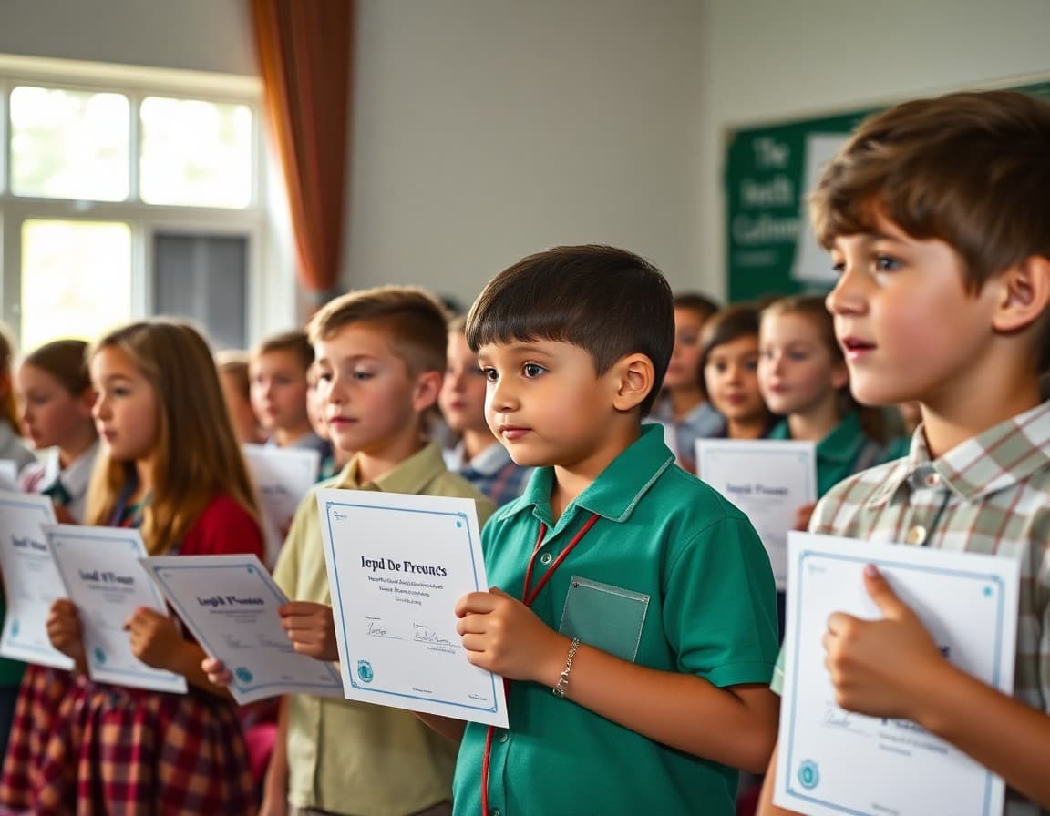 Students collecting certificates at an end-of-year school ceremony in June
