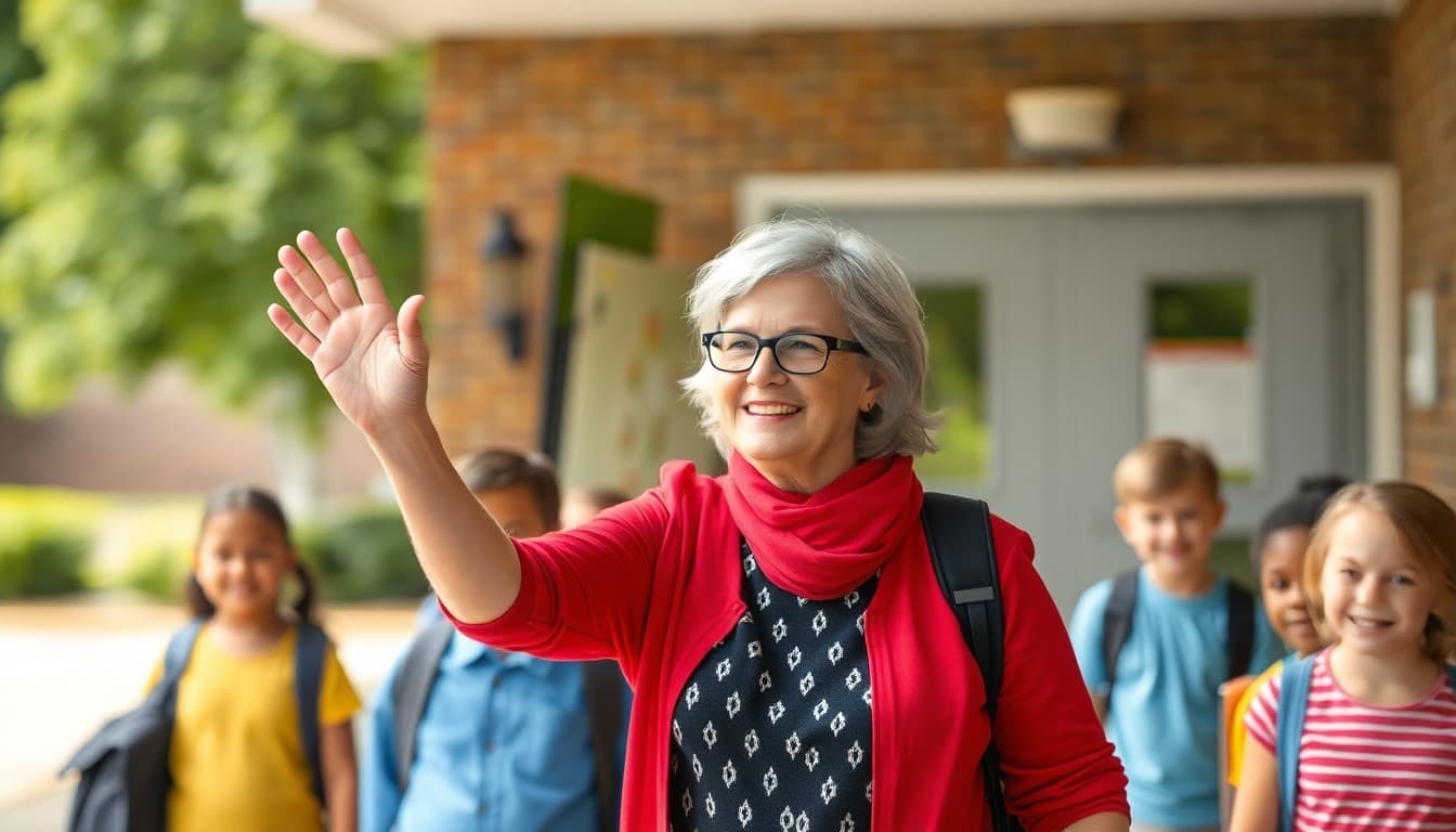 Principal waving goodbye to students on the last day of school outdoors