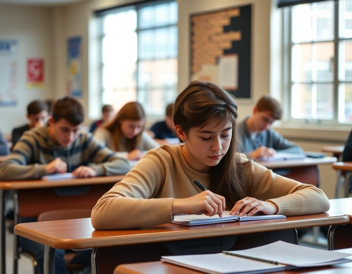 High school students taking the PSAT in a quiet classroom in October