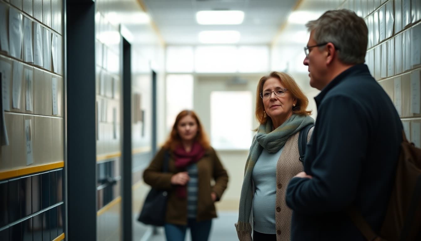 High school principal talking with a parent in the school hallway during fall conference week