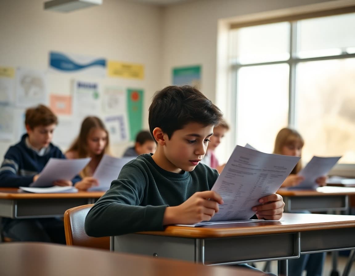 Middle school students reviewing first-quarter report cards at their desks in October