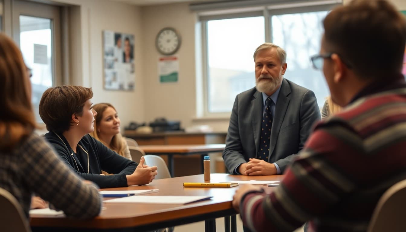 Middle school principal talking with parents during fall parent-teacher conference evening