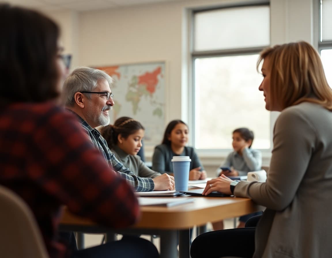 Families and teachers meeting for fall parent-teacher conferences at a school
