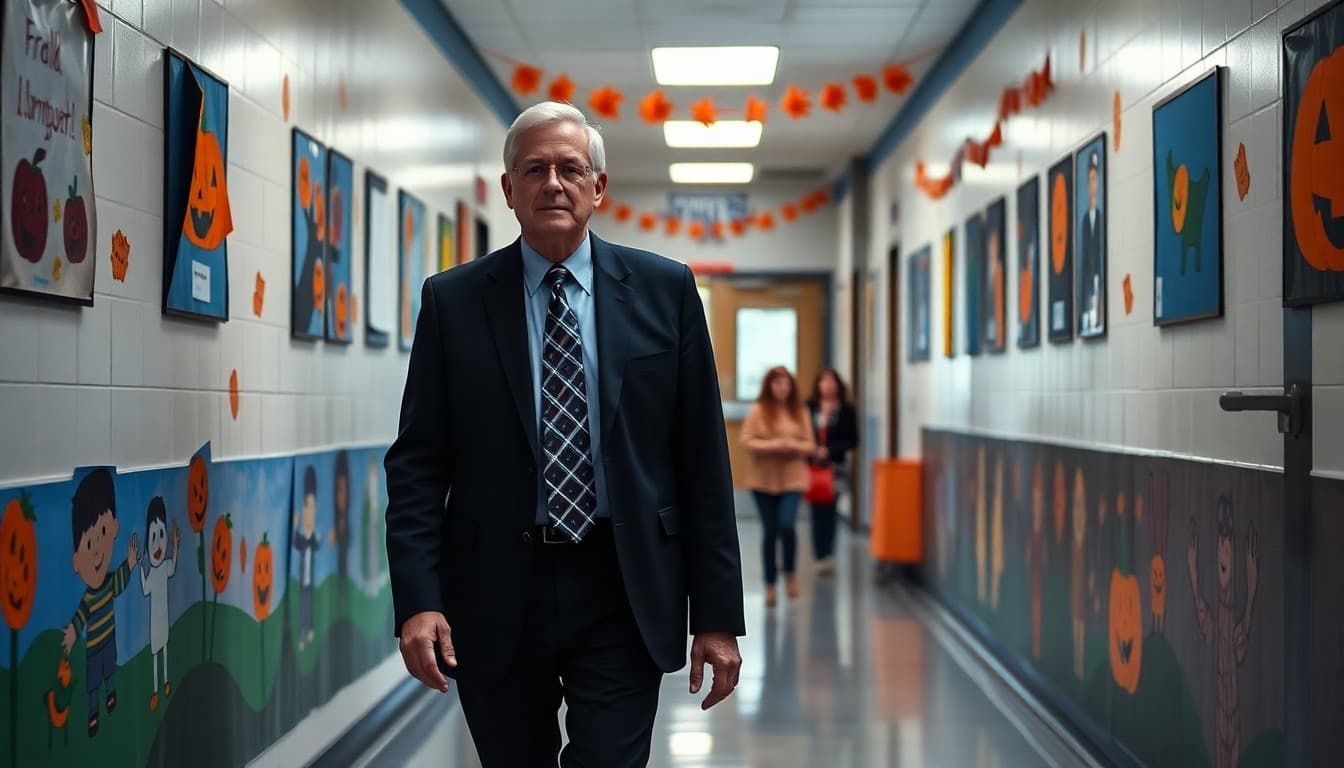 Principal walking through school hallway decorated with fall and Halloween student artwork