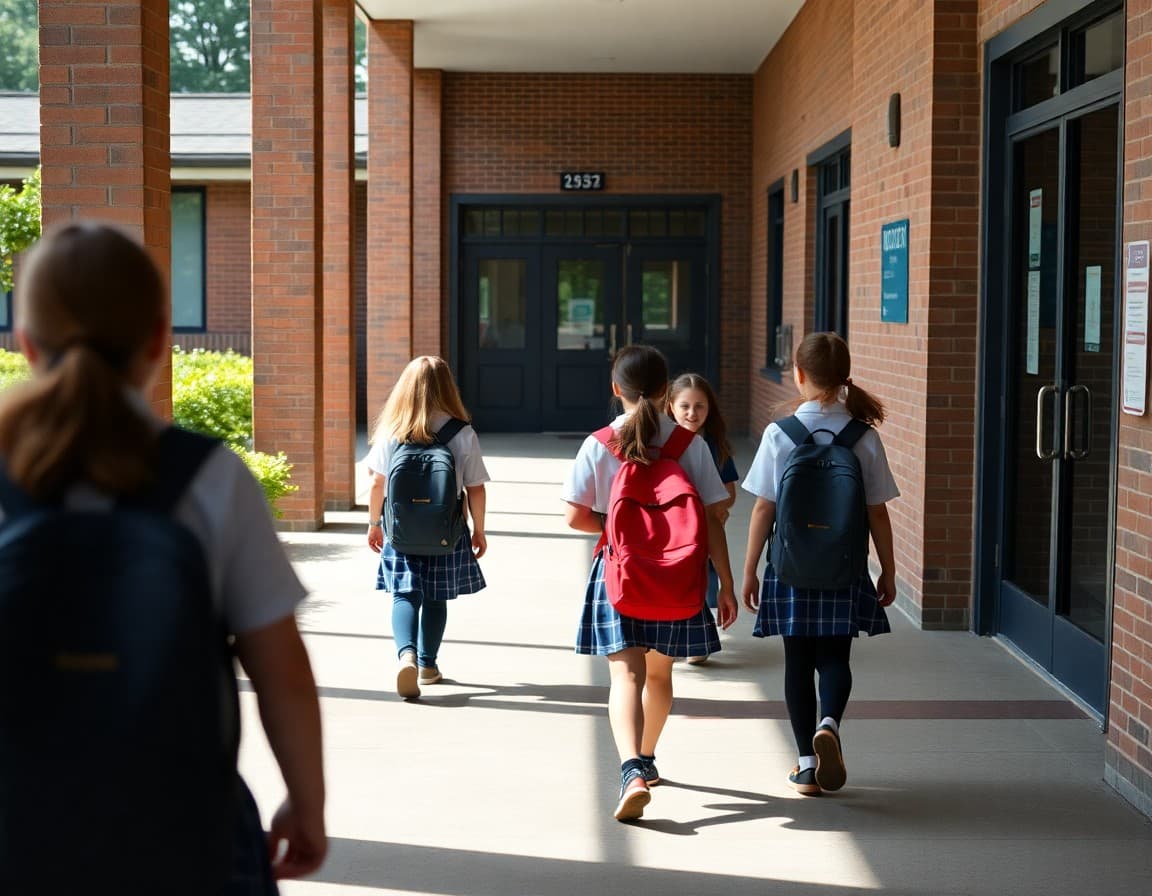 Students in new school uniforms walking into a school building in early September