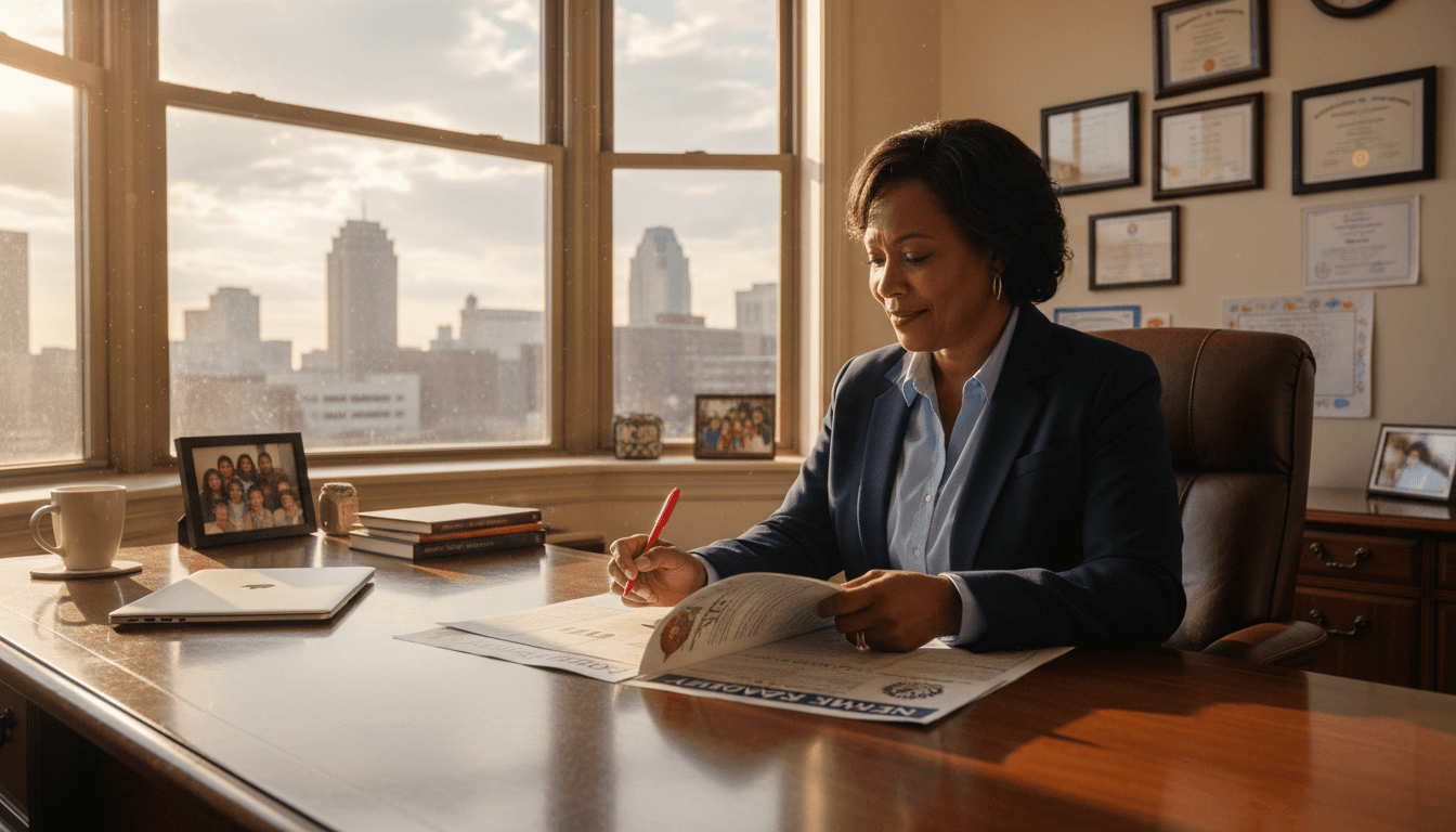 New Jersey school principal reviewing newsletter at desk in Newark area school office with city skyline visible