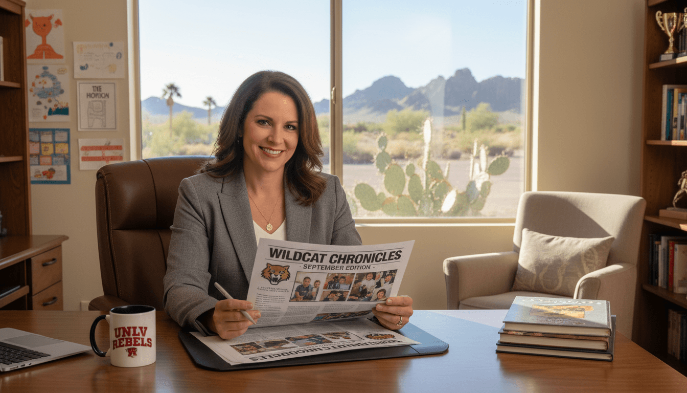 Nevada school principal reviewing newsletter at desk in Las Vegas area school office with desert landscape
