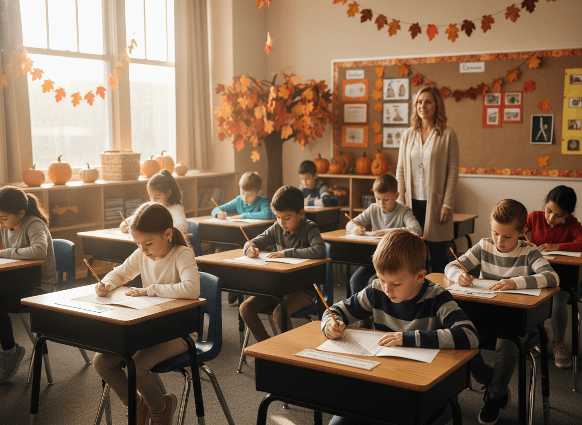 Students at desks taking a benchmark assessment in a fall classroom with orange and brown decor