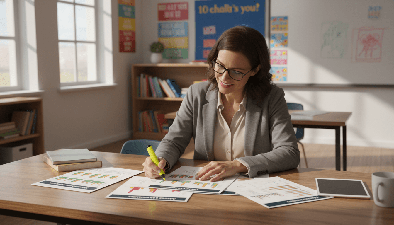 Teacher reviewing printed assessment data sheets with color-coded results at a classroom table