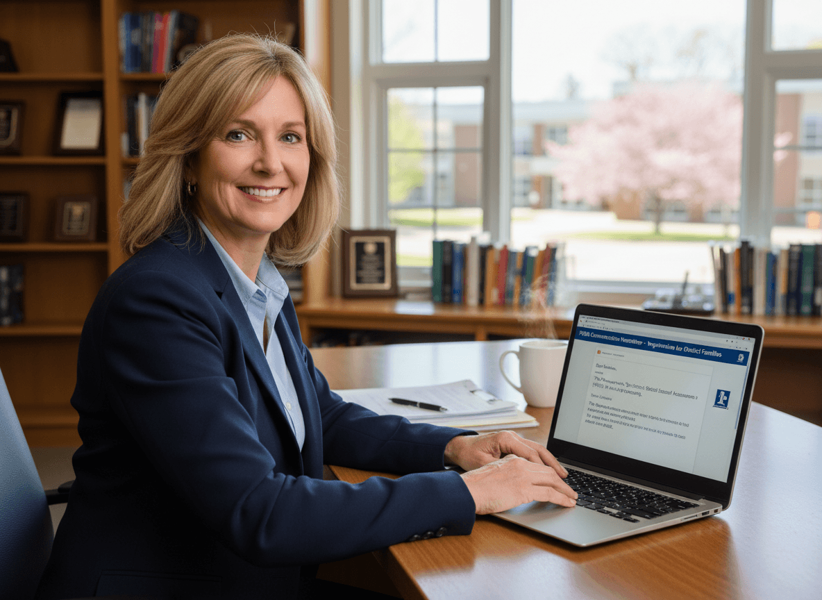 Pennsylvania principal sending PSSA communication newsletter to district families on laptop