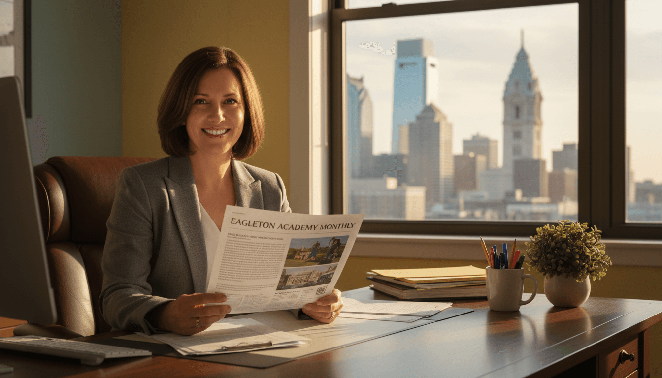 Pennsylvania school principal reviewing newsletter at desk with Philadelphia skyline in background