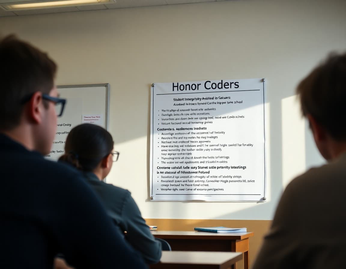 Academic integrity honor code poster displayed in high school classroom with student commitments