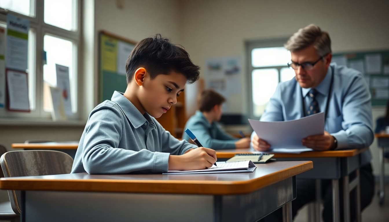 Student writing essay with honest effort at desk while principal reviews integrity policy