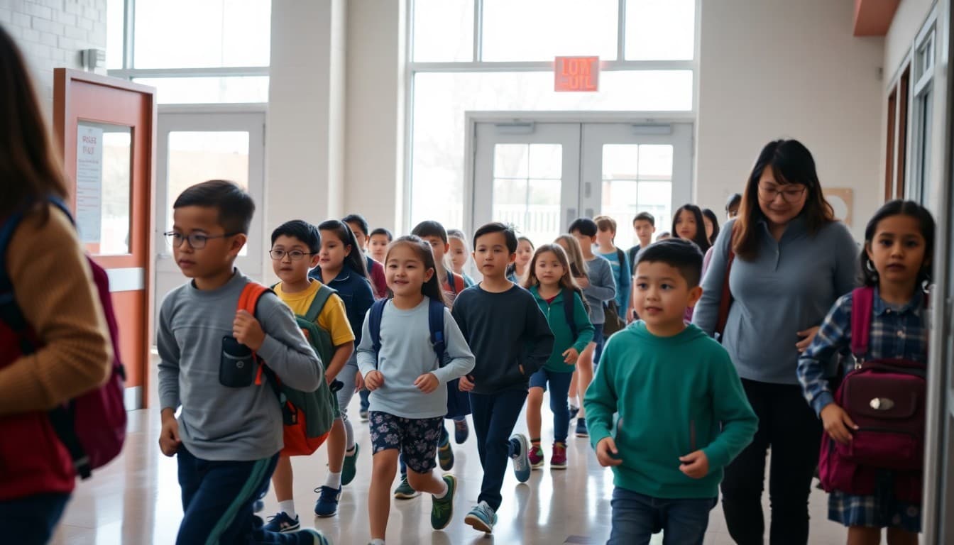 Students and teachers evacuating school building in orderly line during fire drill practice