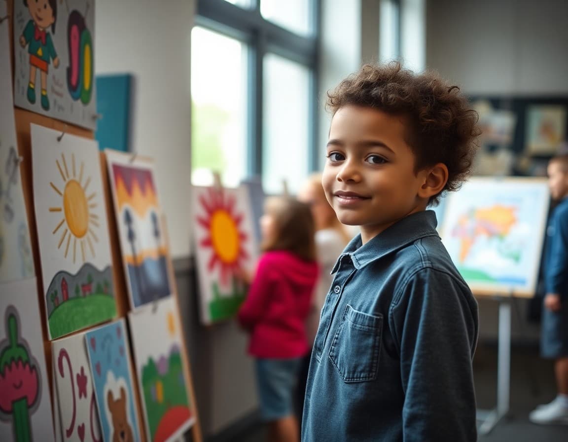 Child standing proudly next to their artwork displayed at a school art show