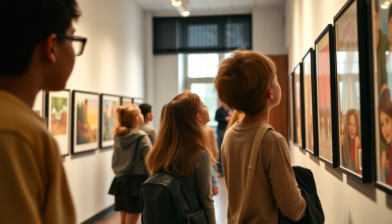 Students and families viewing artwork displayed on walls at a school art gallery opening