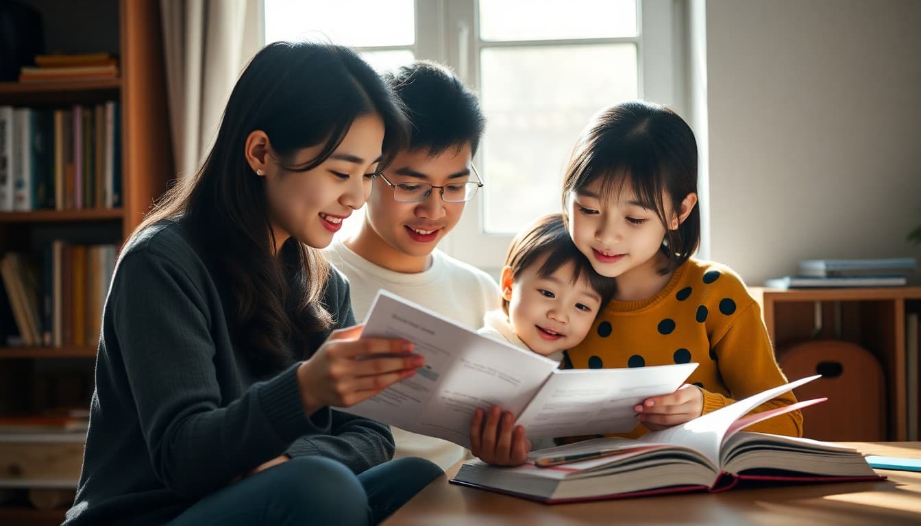 Asian family reading school communication together at home