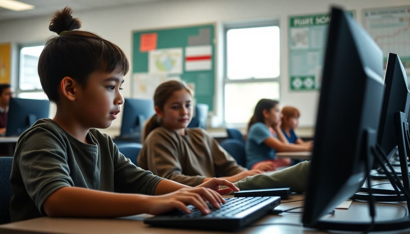 Students learning about online safety and digital citizenship in middle school computer class
