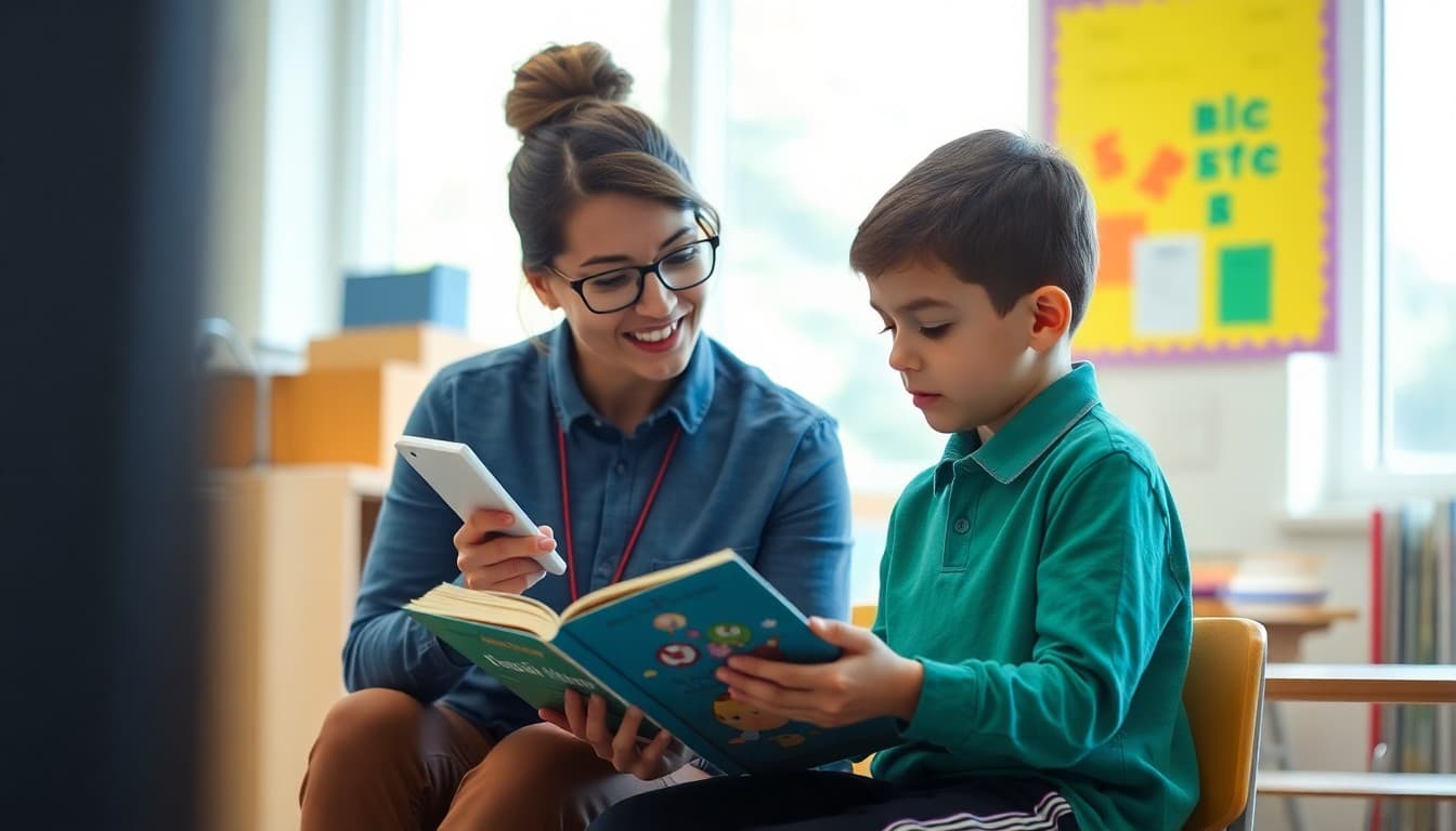 Reading specialist working with student on phonics and decoding skills in school resource room