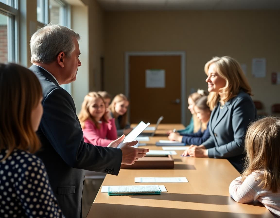 Elementary school principal greeting parents at sign-in table for fall parent-teacher conferences