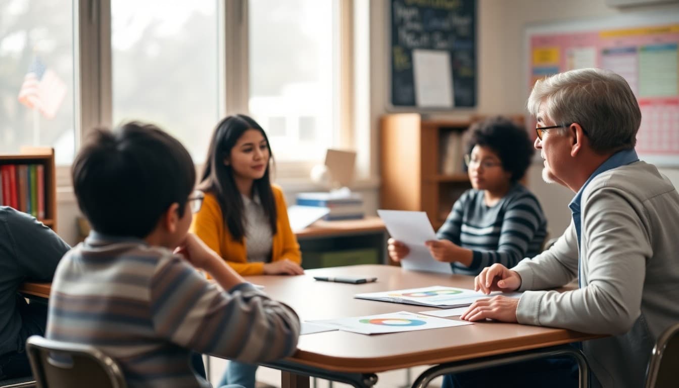 Parents and teacher sitting across table during parent-teacher conference with student work samples on display