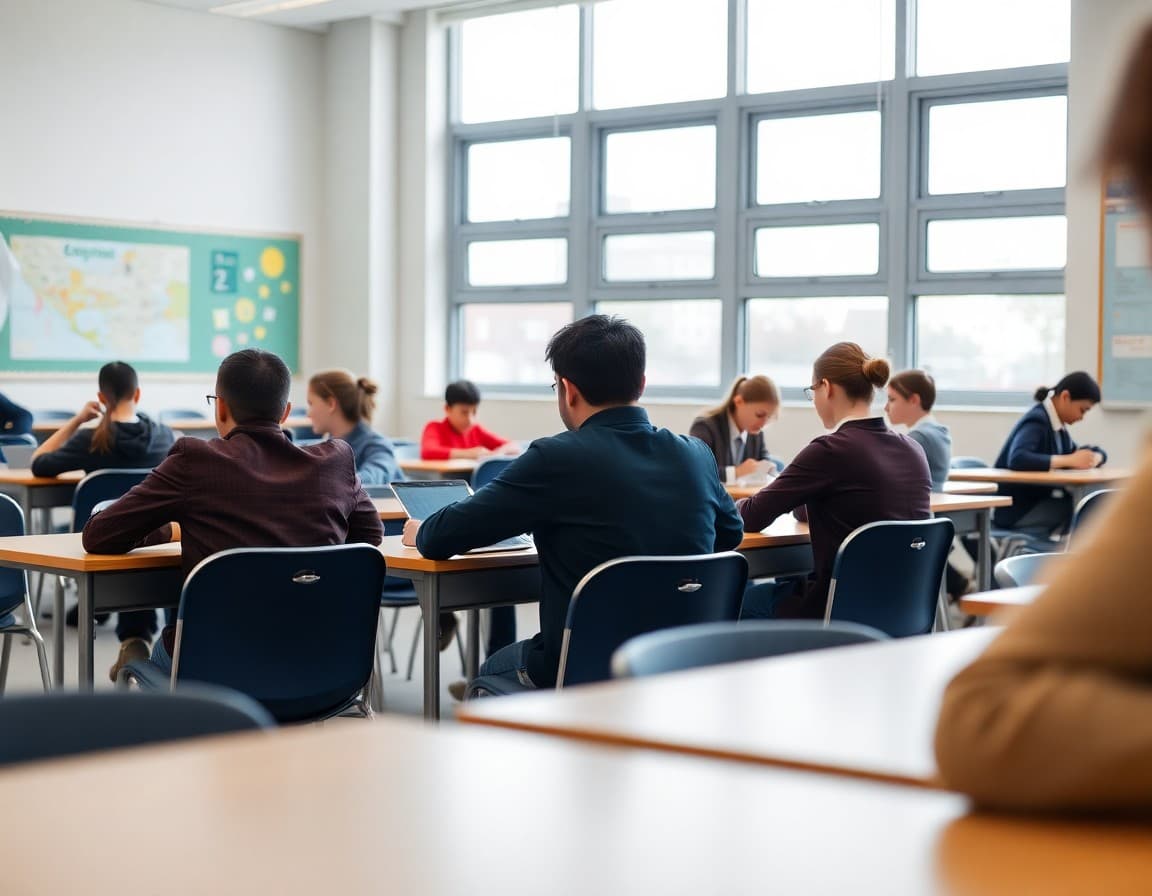 Students working at varied seating arrangements in a modern classroom