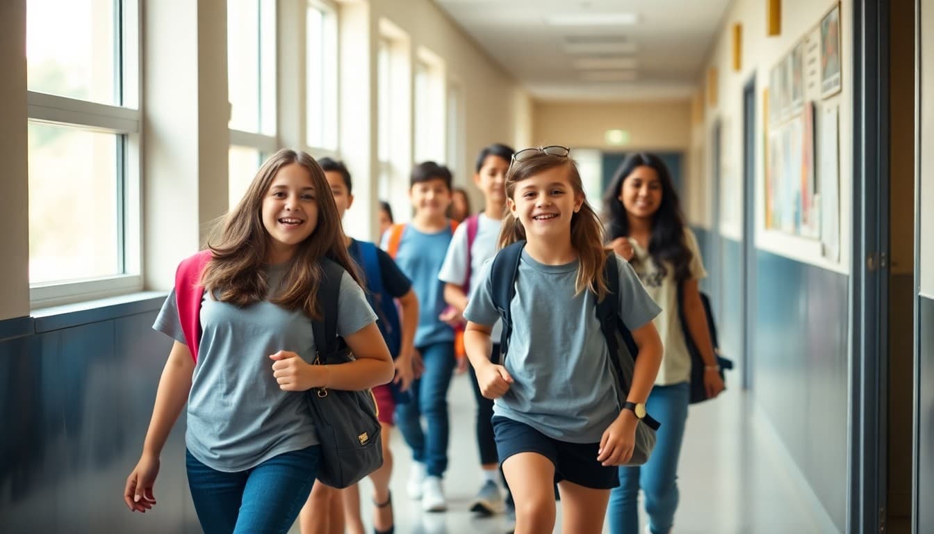 Students walking in a school hallway looking excited about moving to the next grade