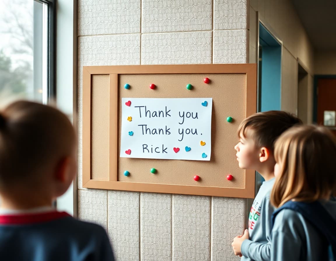Thank you card made by students displayed on a school hallway bulletin board
