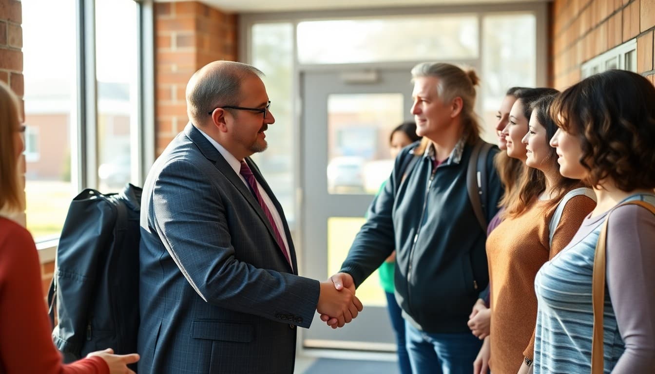 Principal shaking hands with parent volunteers at school entrance on a sunny morning