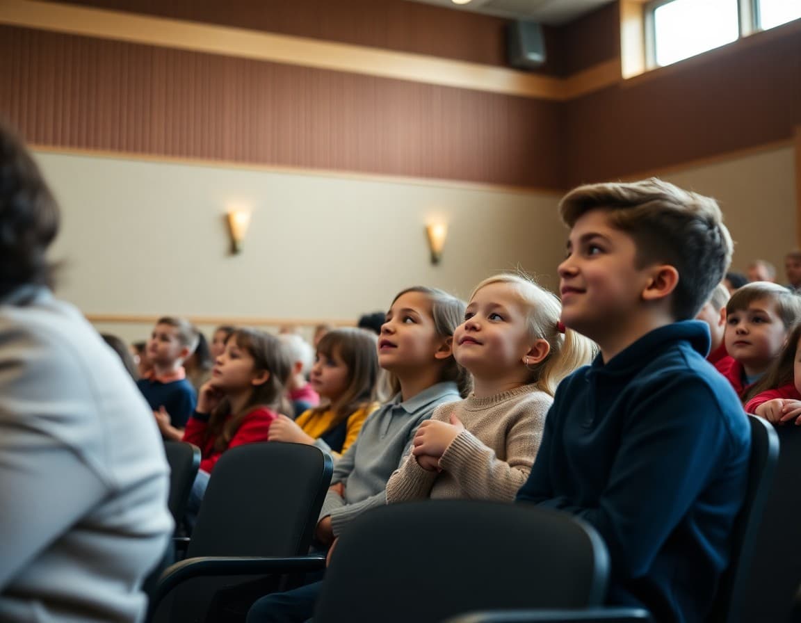 Families seated in a school auditorium waiting for a holiday performance to begin