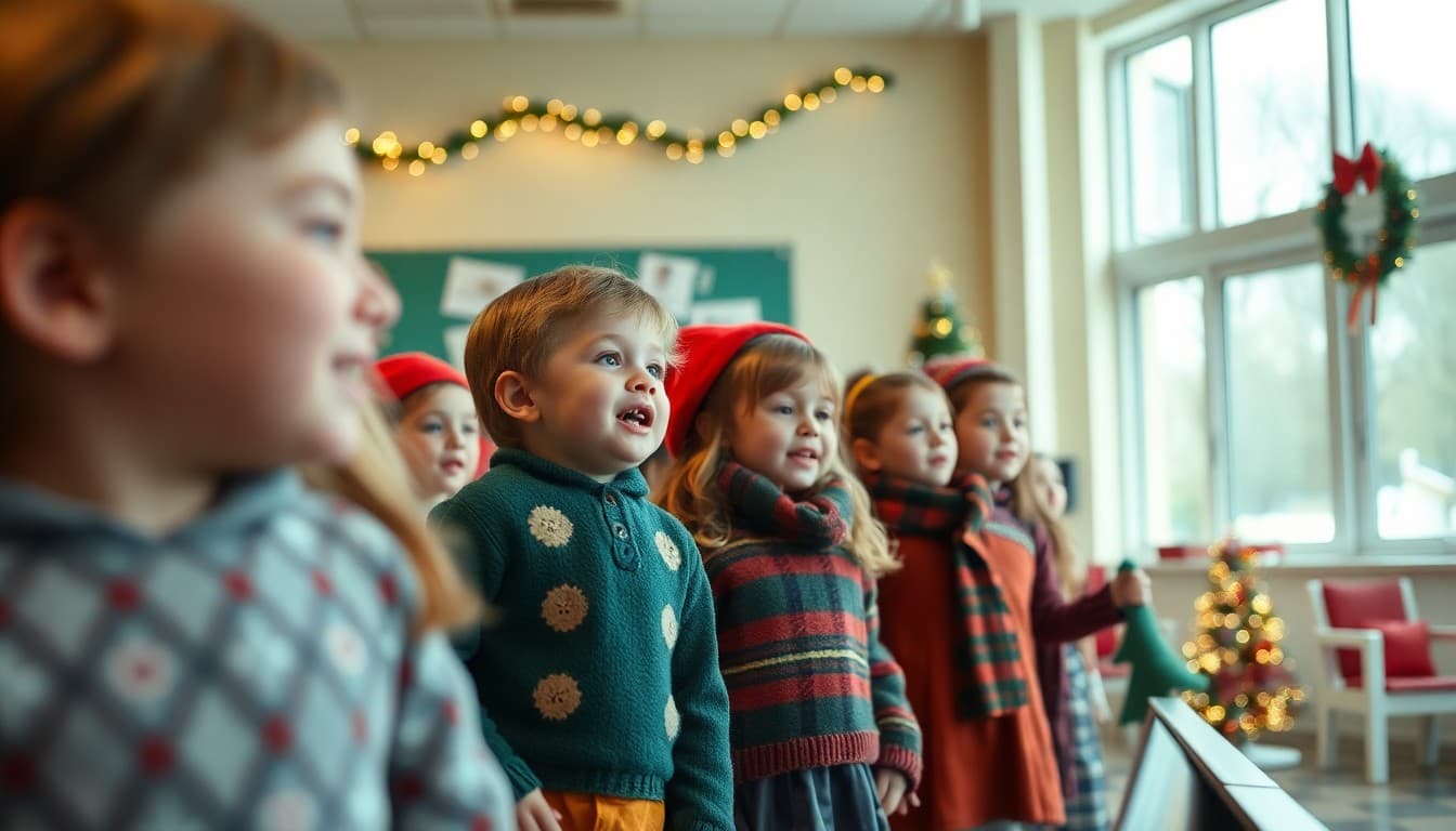 Elementary students performing in winter holiday show on a school stage with festive decorations