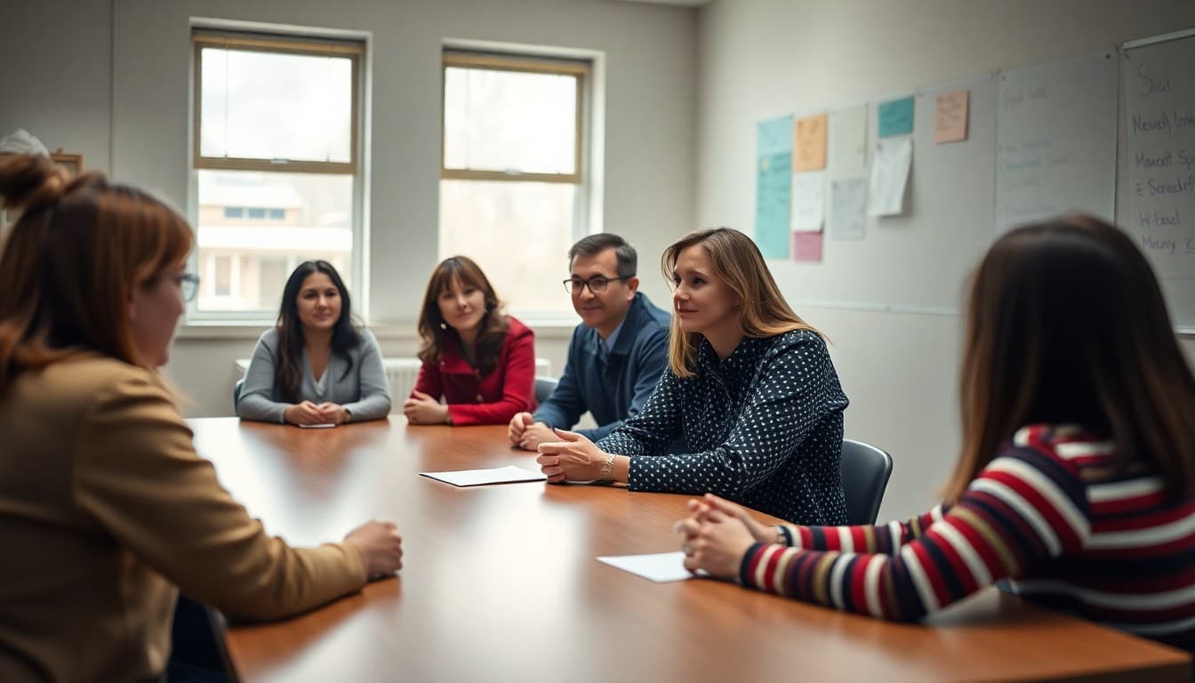 Special education team meeting with parents and teachers around a conference table