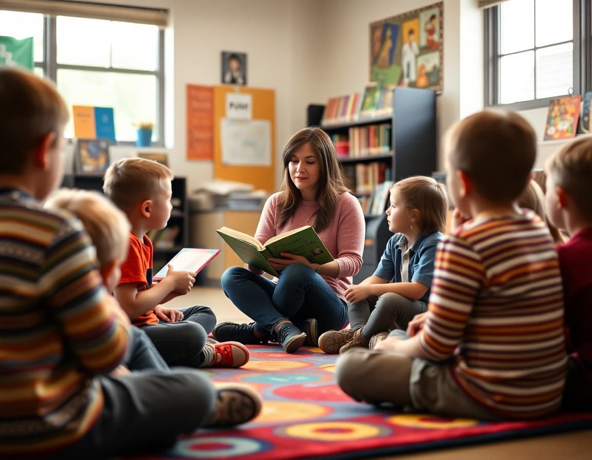 School librarian reading aloud to a group of students sitting on a colorful rug
