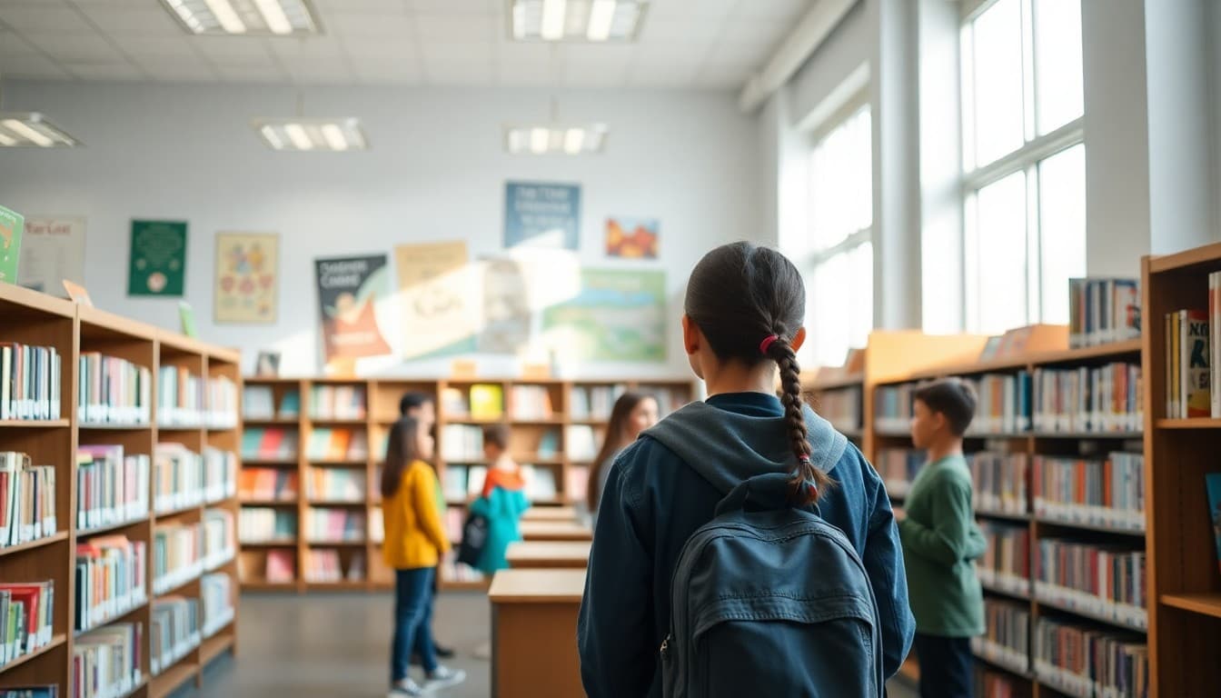Bright renovated school library with colorful book displays and students browsing shelves