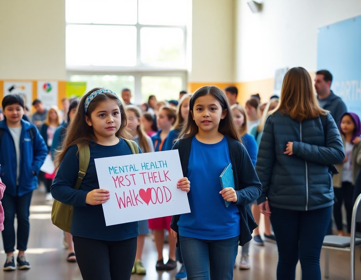 Families and school staff gathered at starting line of a mental health awareness walk