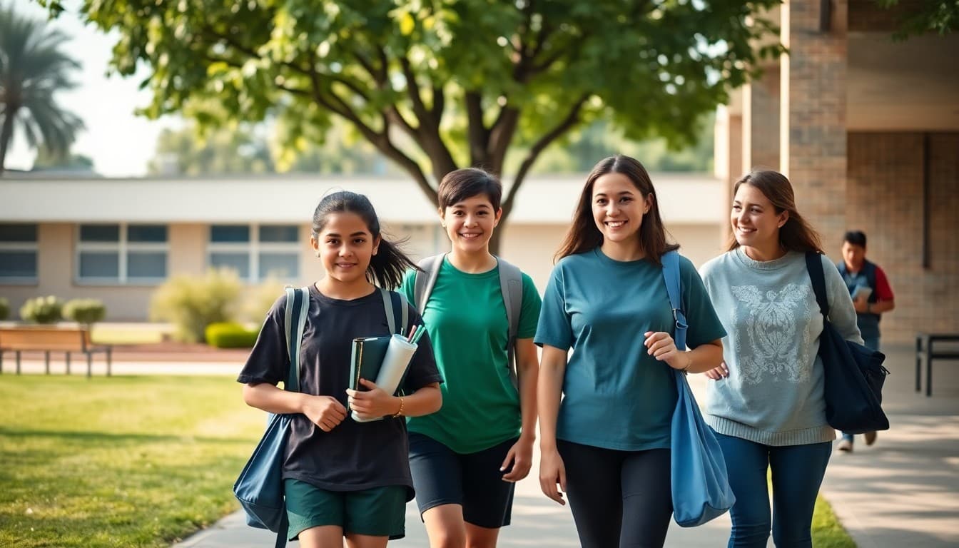 Students and teachers walking together on school grounds during a wellness event