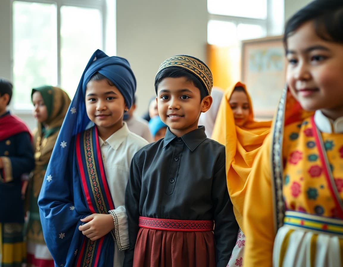 Students in traditional clothing from different cultures at school diversity celebration event