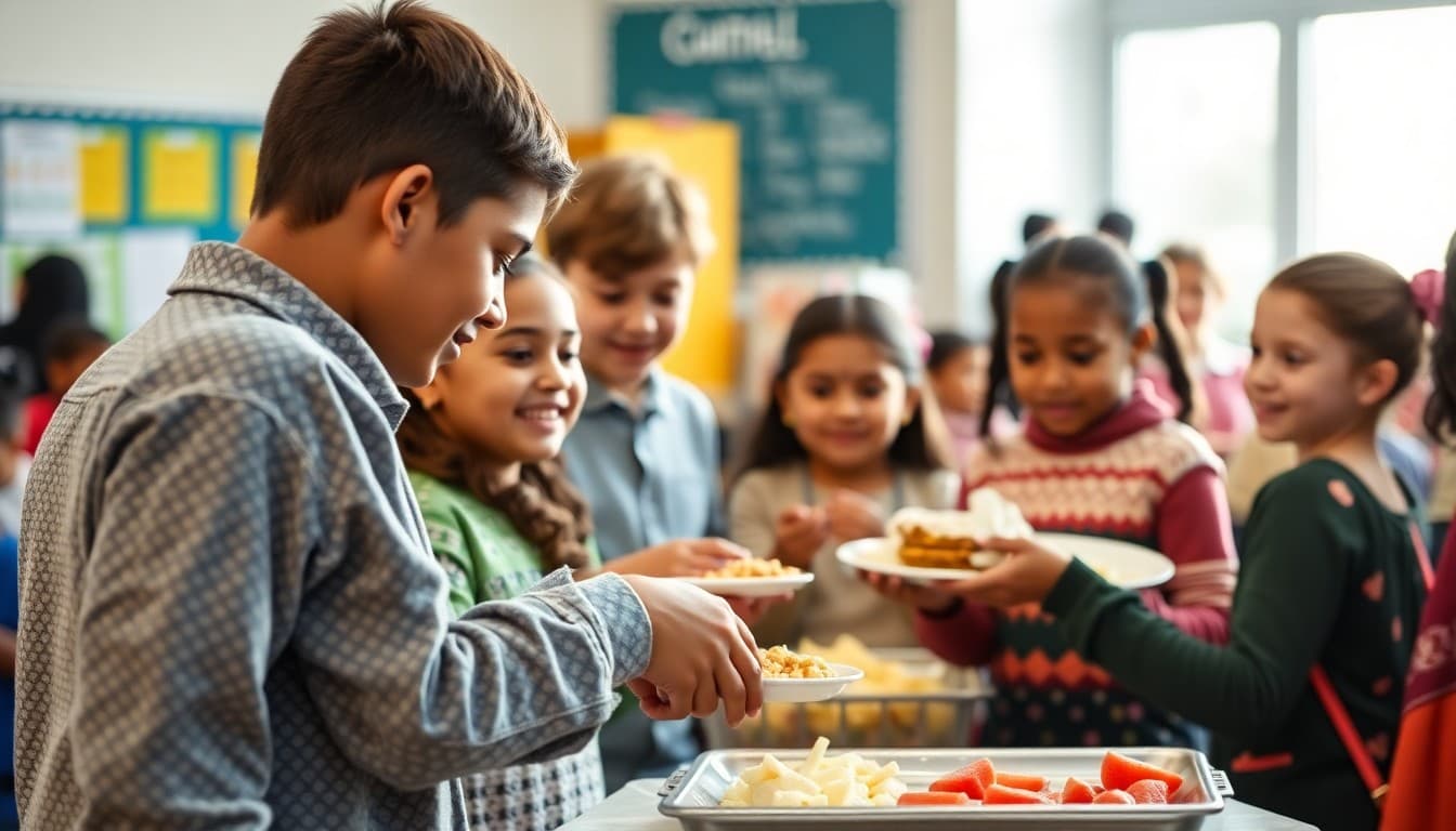 Diverse school families sharing food and cultural displays at school multicultural fair