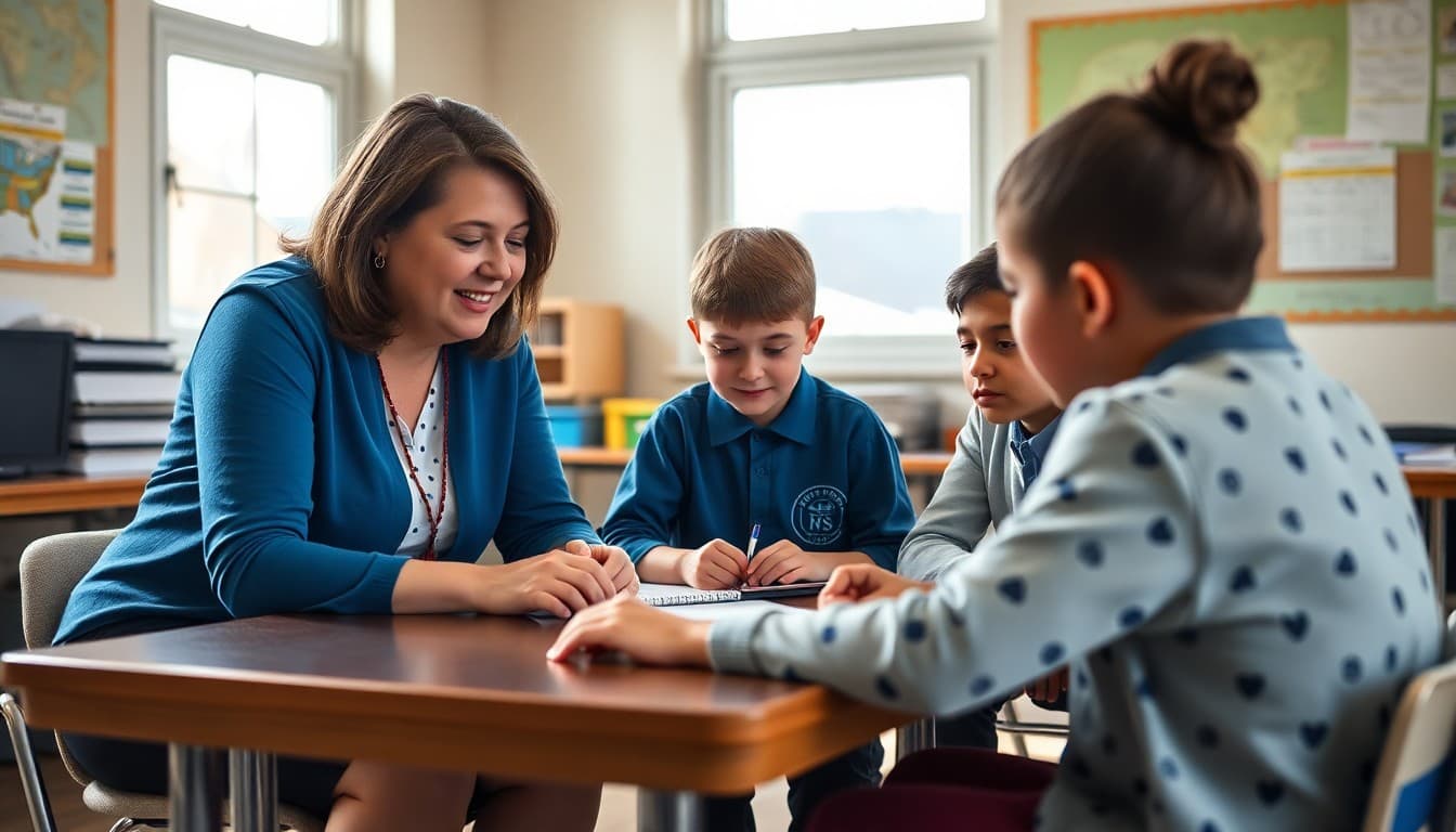 Teacher and specialist working with a small group of students in a school support session
