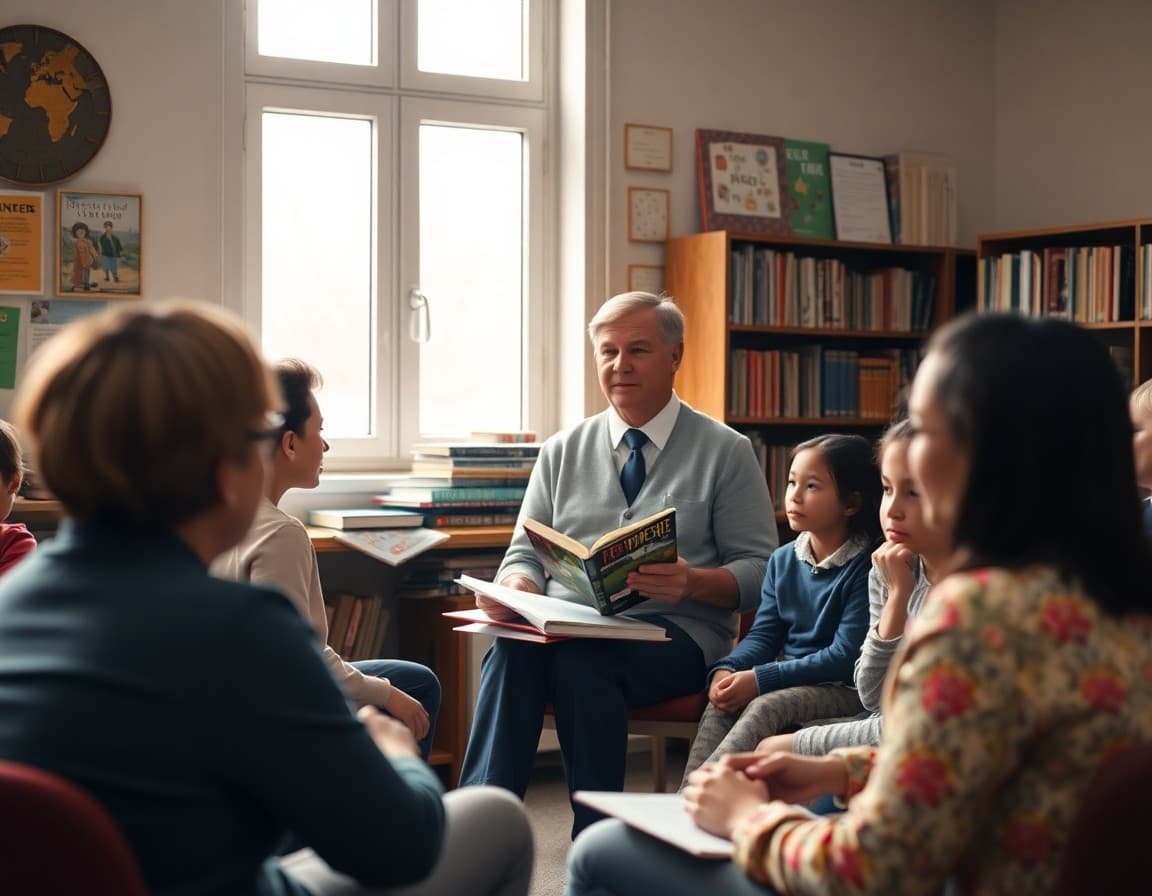 School principal facilitating a parent discussion circle during a book club session