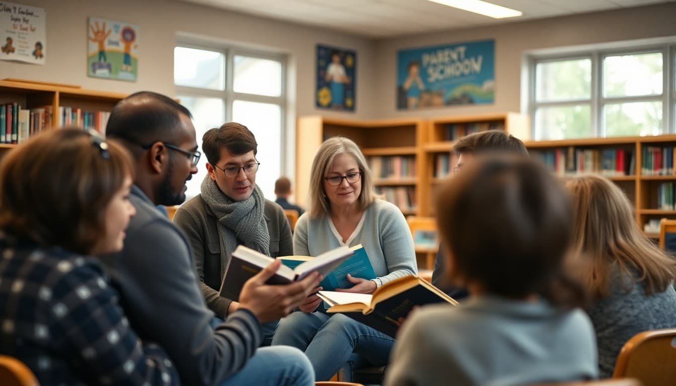 Parents gathered in a school library discussing a book during a parent book club meeting