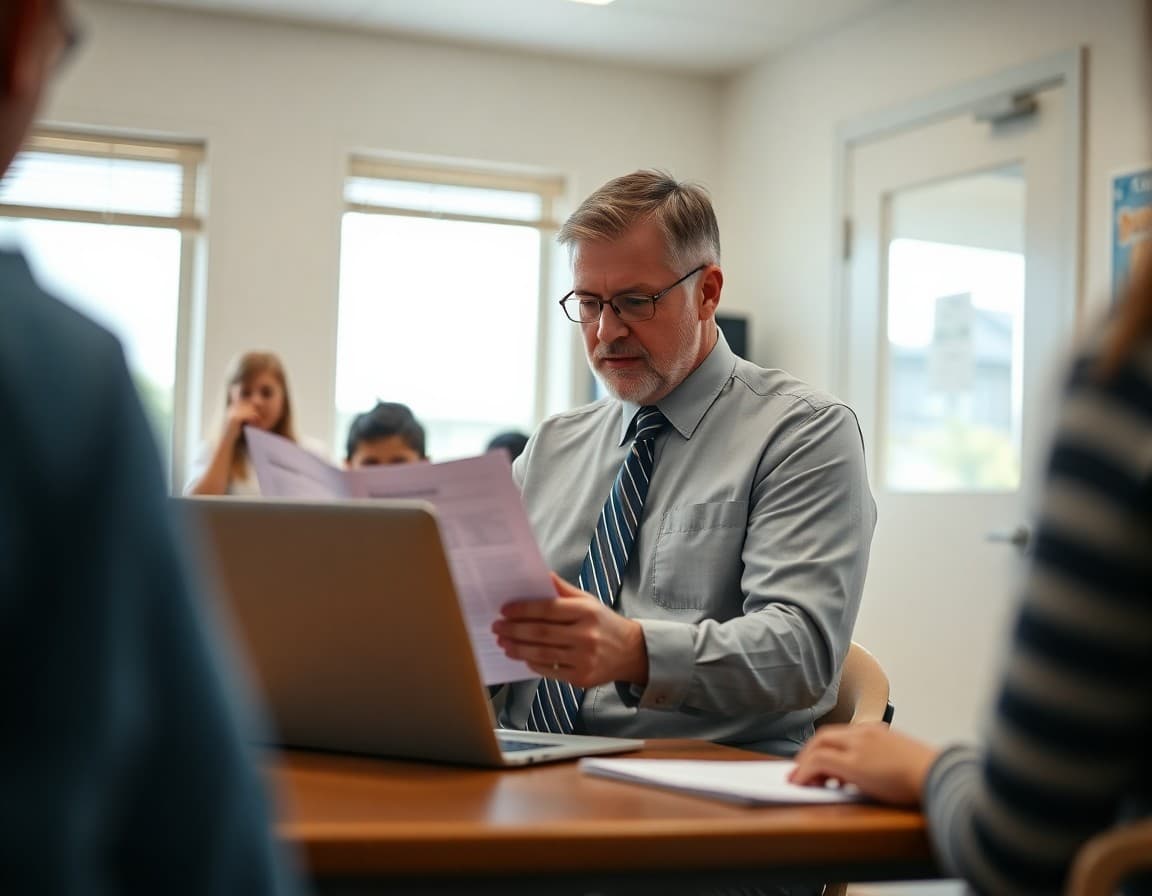 School principal reviewing parent survey results on laptop in administrative office