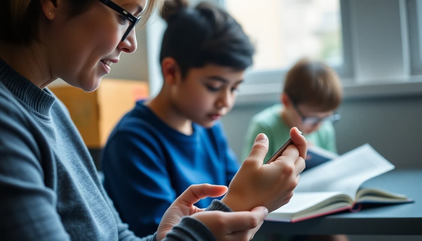Parent completing school survey on smartphone while child reads book in background