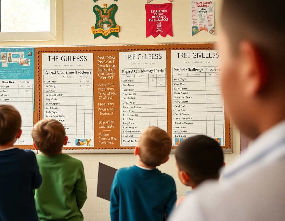 Bulletin board showing reading challenge progress charts with student book titles