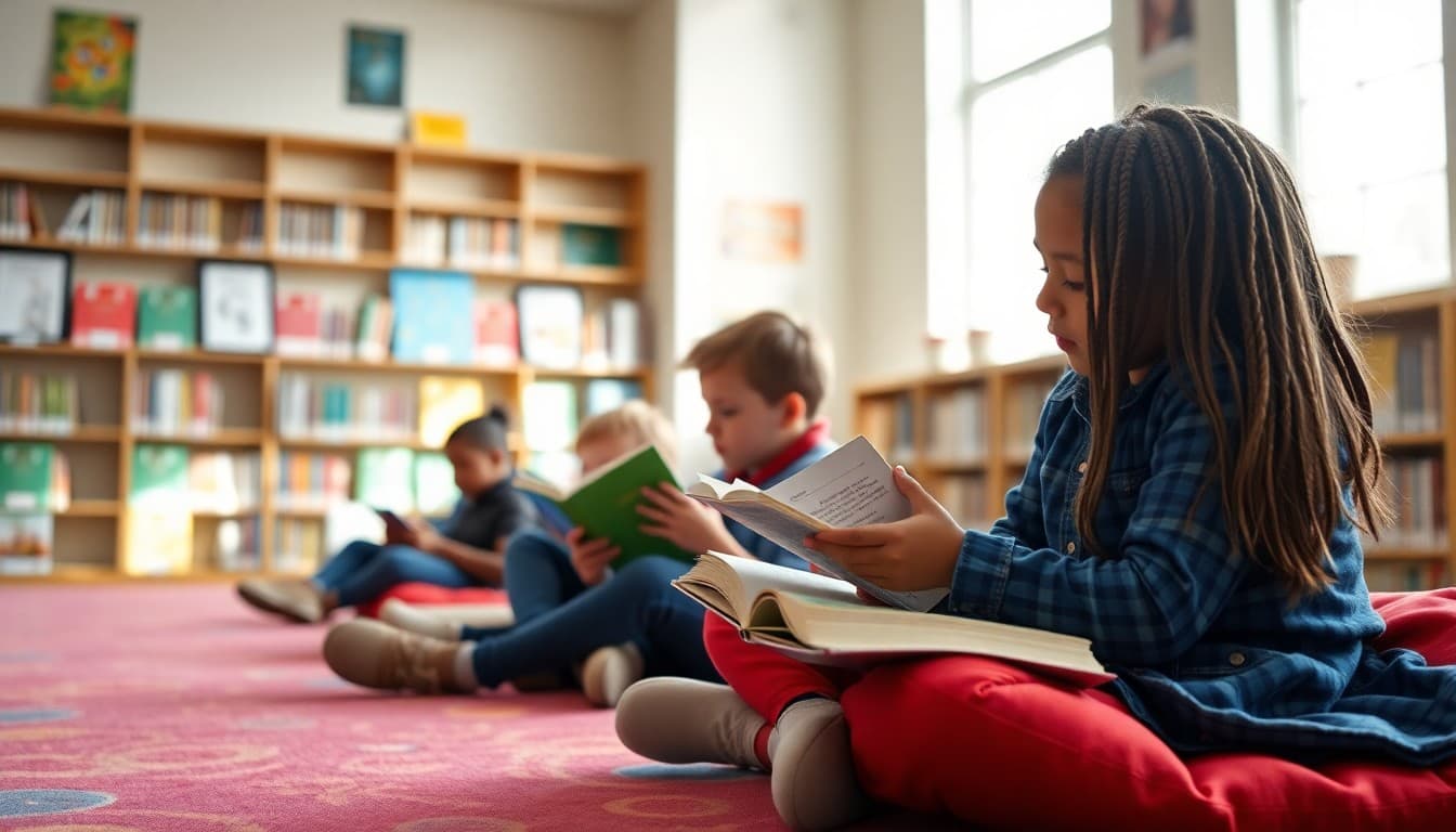 Students reading books on colorful floor cushions in a bright school library
