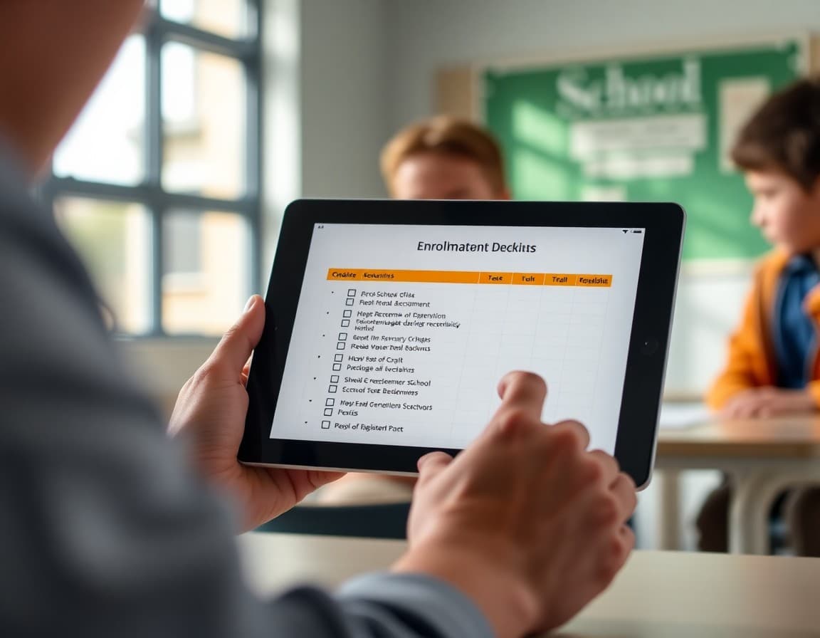 School enrollment documents and checklist displayed on digital tablet for online registration