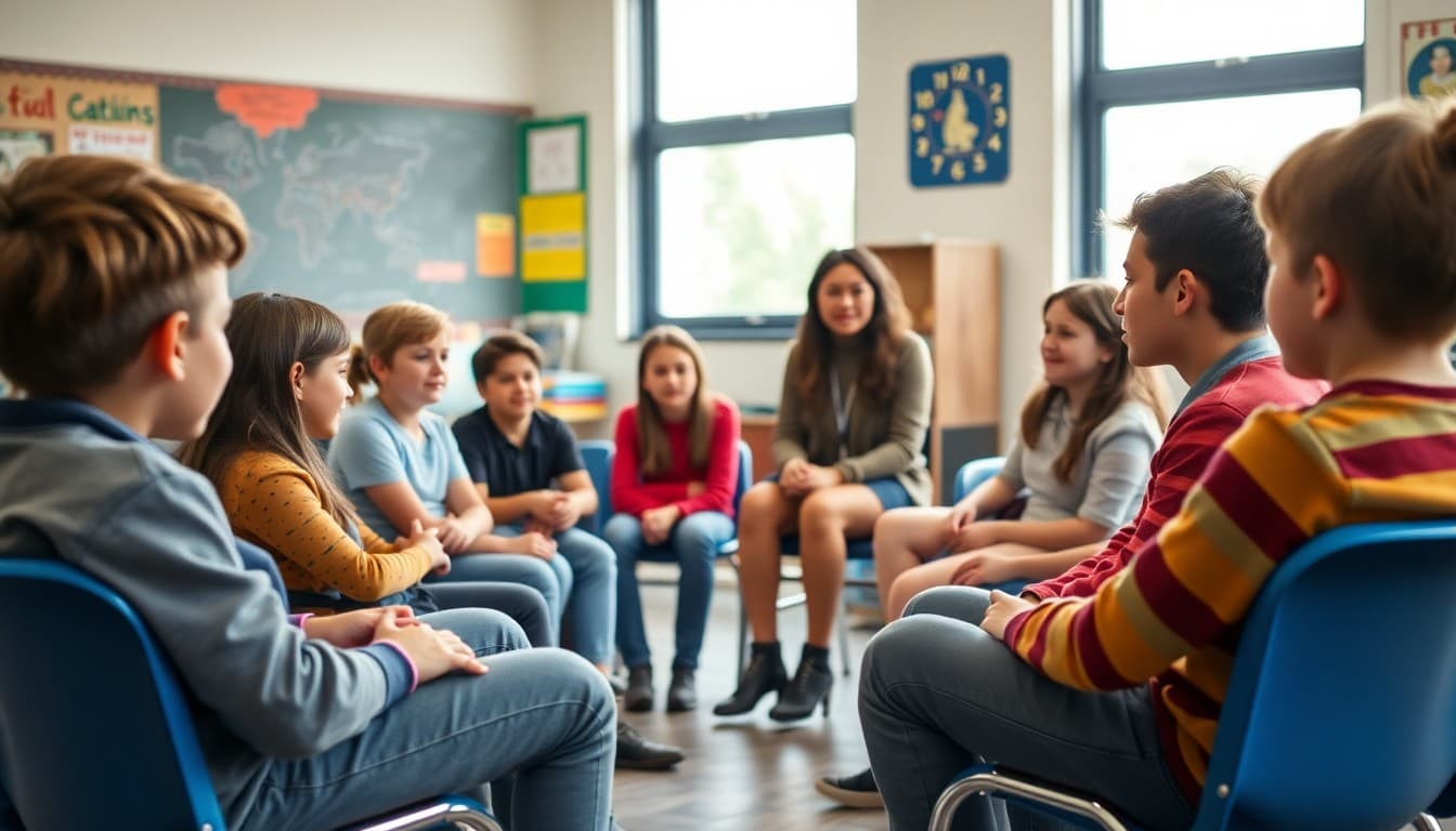 Students and teacher sitting in a circle on chairs discussing a conflict resolution