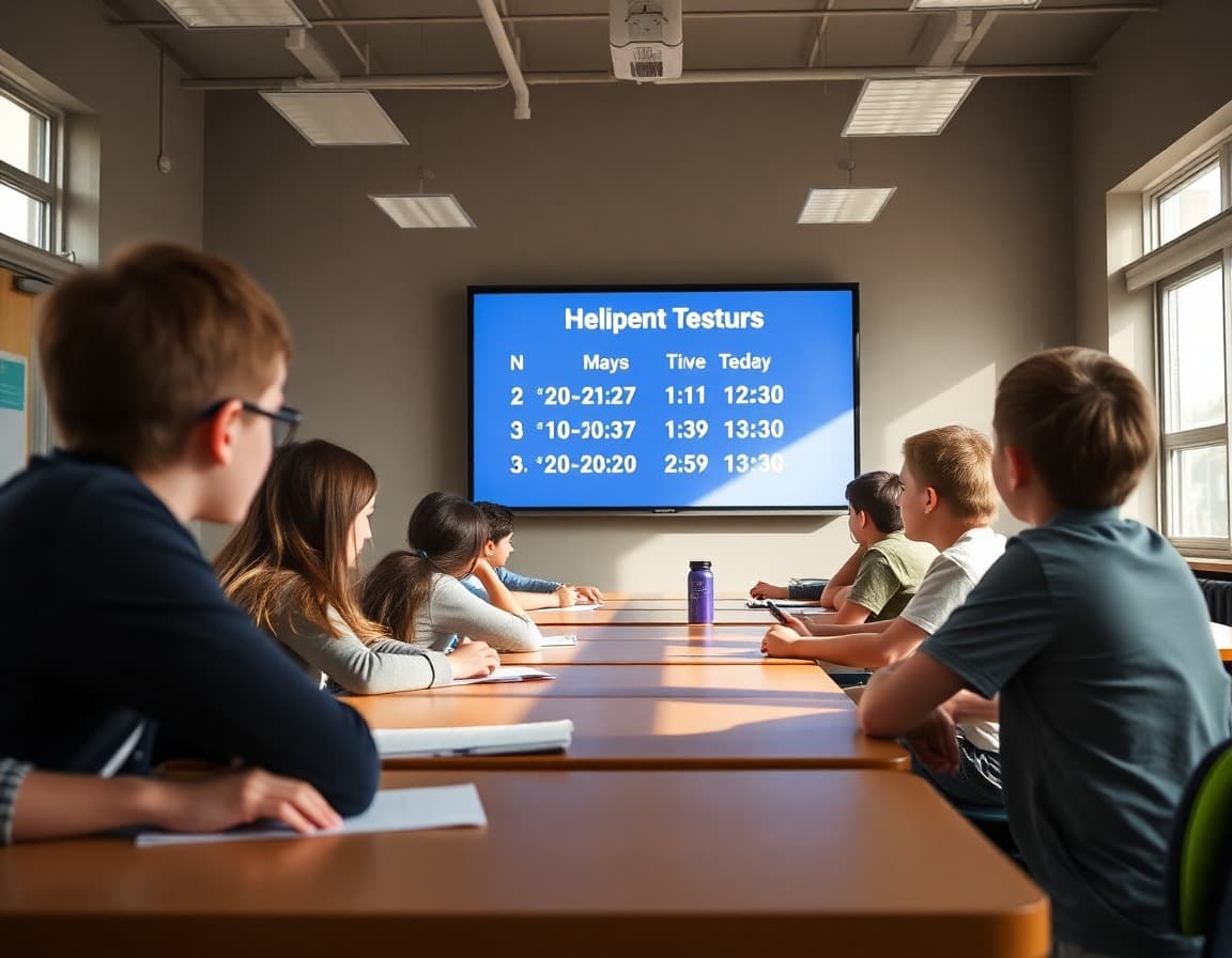 Schedule change announcement newsletter with new bell times shown on screen
