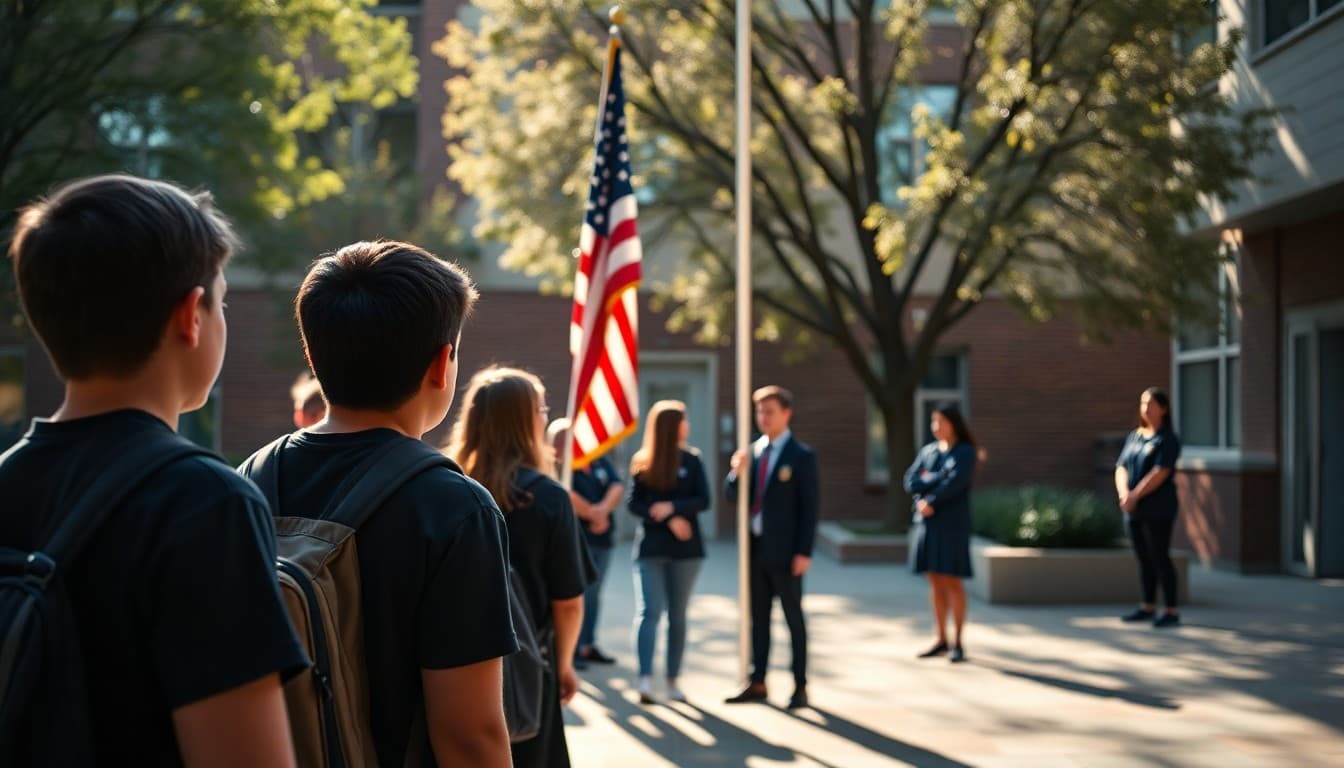 Students participating in a school flag ceremony on the campus courtyard in the morning