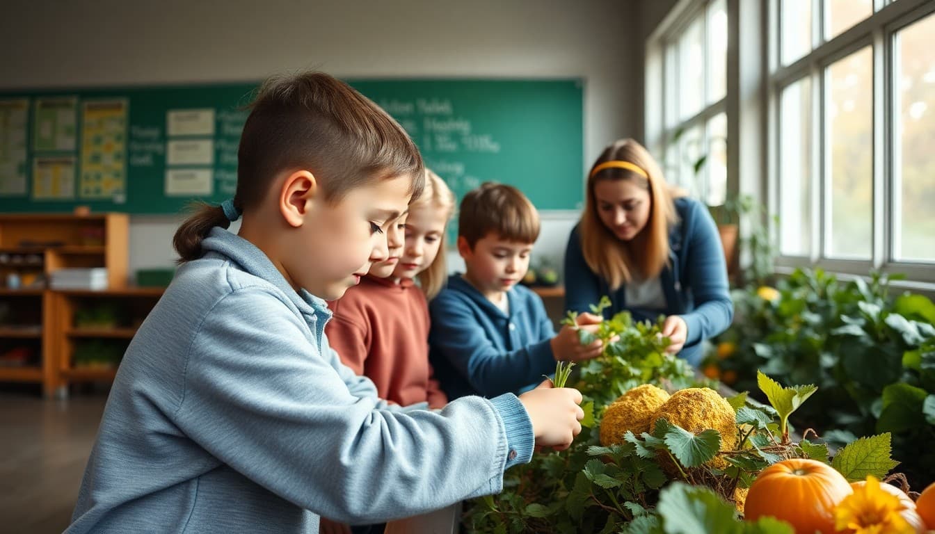 Students harvesting vegetables from school garden with teacher during fall harvest season